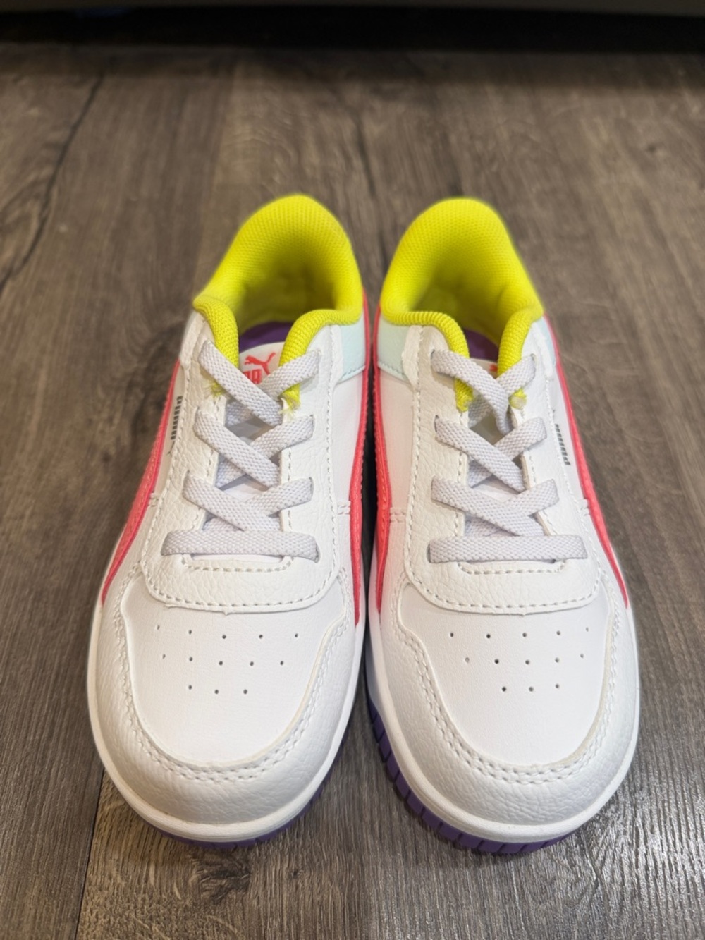 Puma Kids White Sneakers with Pink Stripe and Yellow Lining